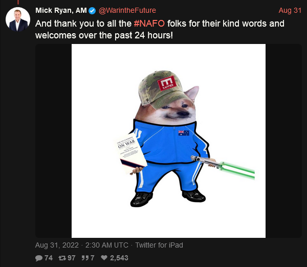 Mick Ryan as a fella with a hat, blue track suit, 'On War' book, and lightsabre