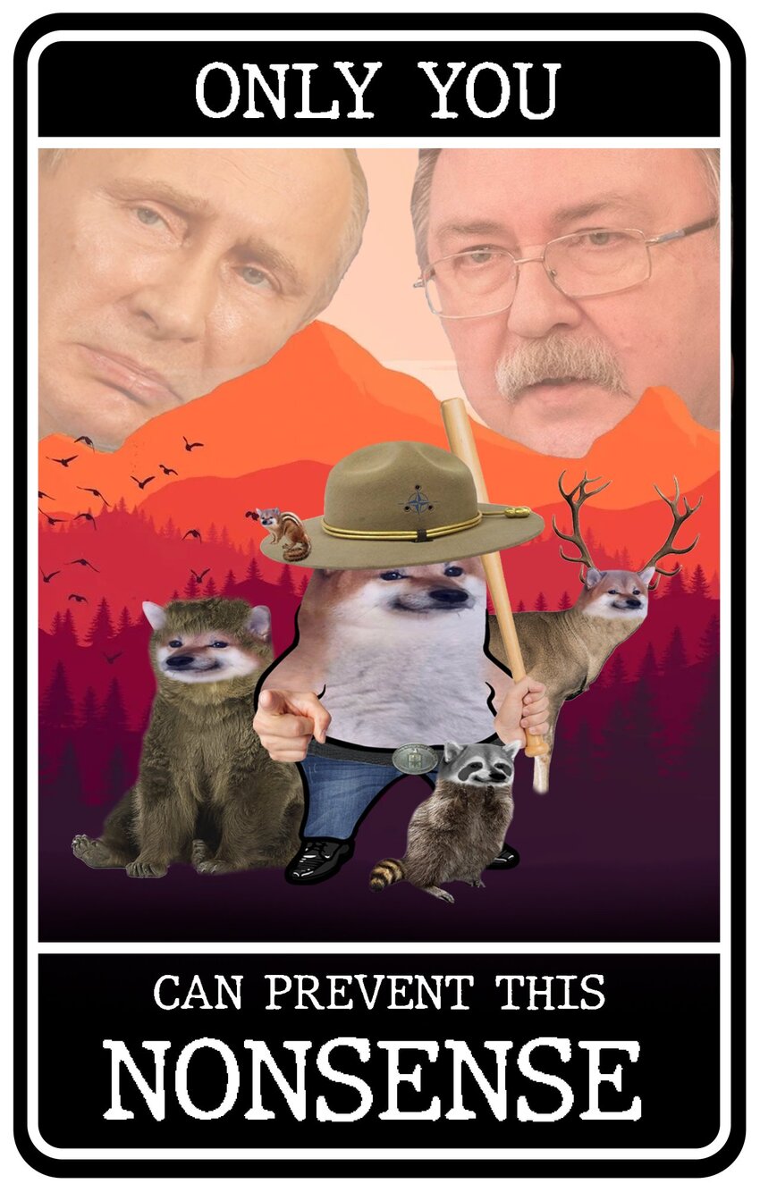 Putin and Shoigu looming over some fellas, captioned 'Only you can prevent this nonsense'