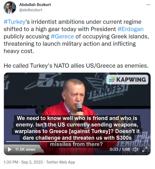 Turkey accuses Greece of occupying Greek islands, threatening to launch military action. Erdogan called Turkey's NATO allies US/Greece as enemies.