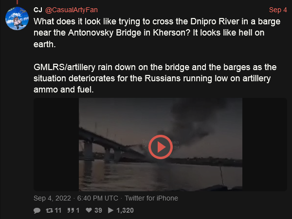What does it look like trying to cross the Dnipro River in a barge near the Antonovsky Bridge in Kherson? It looks like hell on earth.