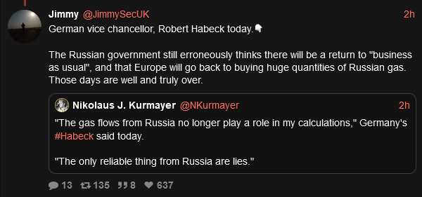 Robert Habeck says that Europe will not go back to buying large quantities of Russian gas, and that the only reliable thing from Russia are lies
