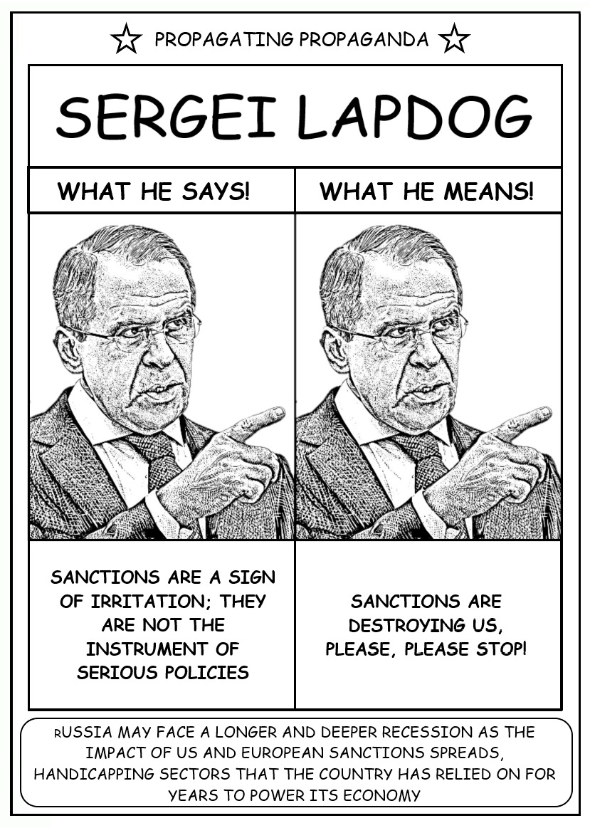 coloring book page about a Russian official lying when he says sanctions are not hurting Russia