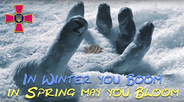 frozen hand holding sunflower seeds, captioned 'In winter you boom, in spring may you bloom'