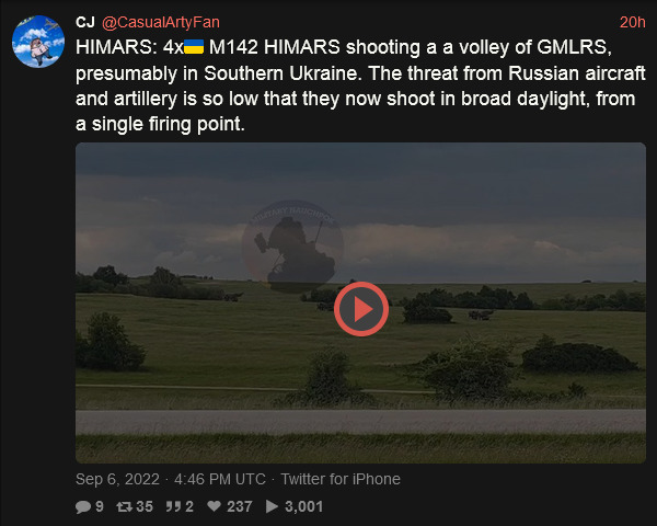 M142 HIMARS shooting a volley of GMLRS. The threat from Russian aircraft and artillery is so low that they now shoot in broad daylight, from a single firing point.