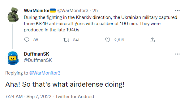 The Ukrainian military captured 3 KS-19 anti-aircraft guns. They were produced in the late 1940s. Aha! So that's what airdefense doing!