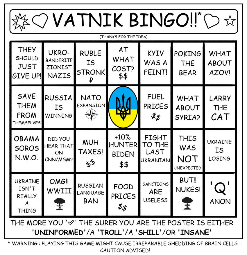 coloring book page of a bingo card with many phrases that pro-Russian propagandists use