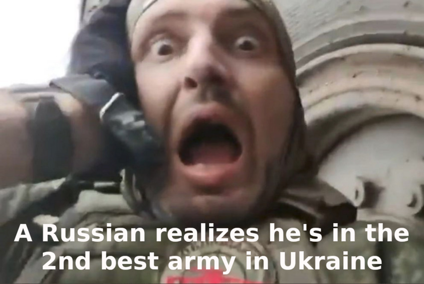 hapless Russian soldier, captioned 'A Russian realizes he's in the 2nd best army in Ukraine'