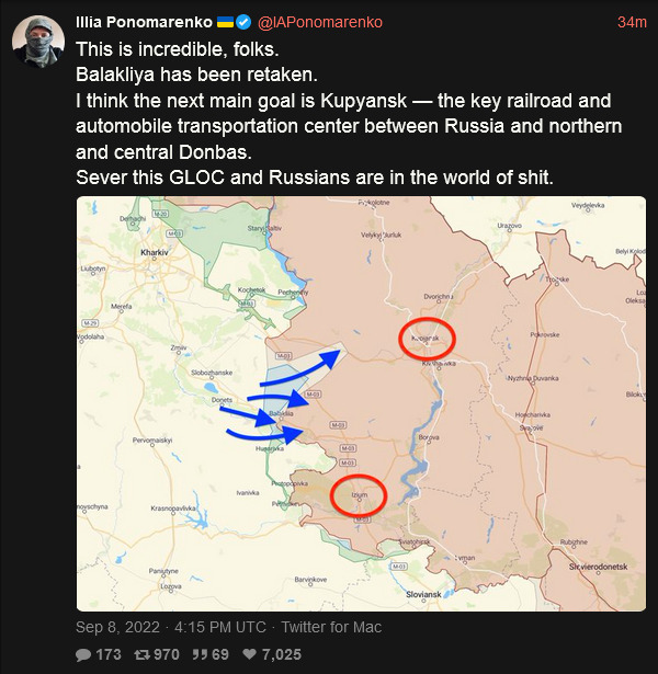 Balakliya has been retaken. I think the next main goal is Kupyansk--the key railroad and automobile transportation center between Russia and northern and central Donbas. Sever this GLOC and Russians are in a world of shit.
