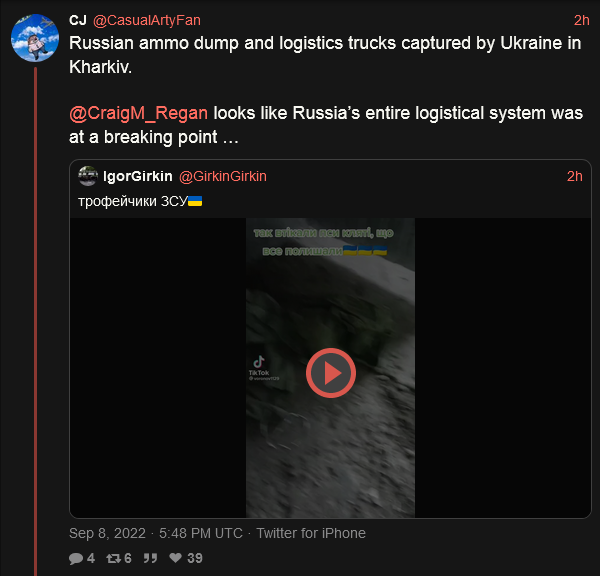 Russian ammo dump and logistics trucks captured by Ukraine in Kharkiv. Looks like Russia's entire logistical system was at a breaking point.