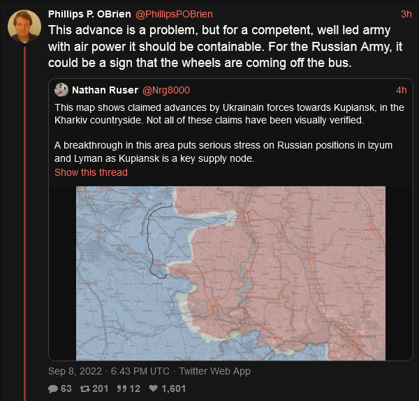 This advance is a problem, but for a competent, well-led army with air power it should be containable. For the Russian army, it could be a sign that the wheels are coming off the bus.