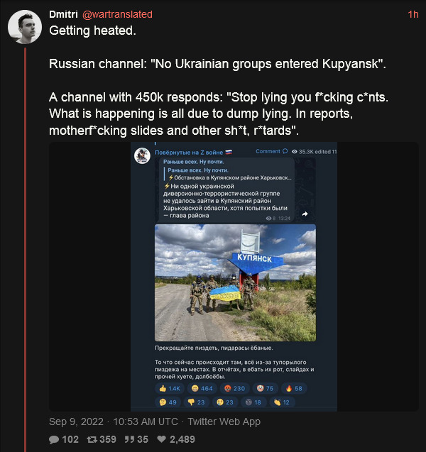 Russian channel: No Ukrainian groups entered Kupyansk. A channel with 450k responts: Stop lying, you fucking cunts. What is happening is all due to dumb lying. In reports, motherfucking slides and other shit, retards.