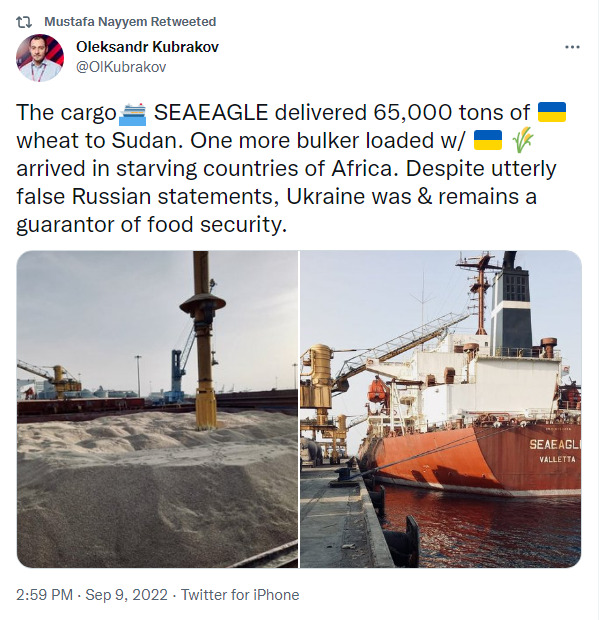 cargo ship SEA EAGLE delivered 65000 tons of Ukraine wheat to Sudan. One more bulker loaded with Ukraine wheat arrived in starving countries of Africa. Despite utterly false Russian statements, Ukraine was and remains a guarantor of food security.