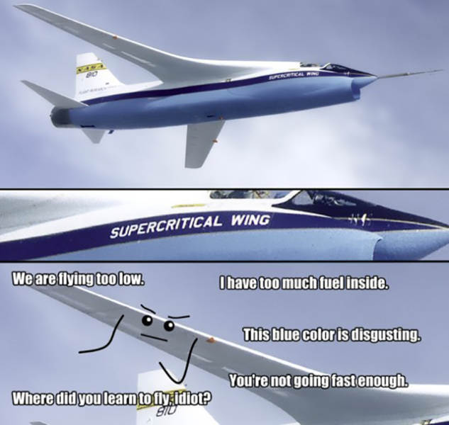 jet labeled 'Supercritical Wing', its wing is saying 'We are flying too low, I have too much fuel inside, this blue color is disgusting, you're not going fast enough, where did you learn to fly, idiot?'