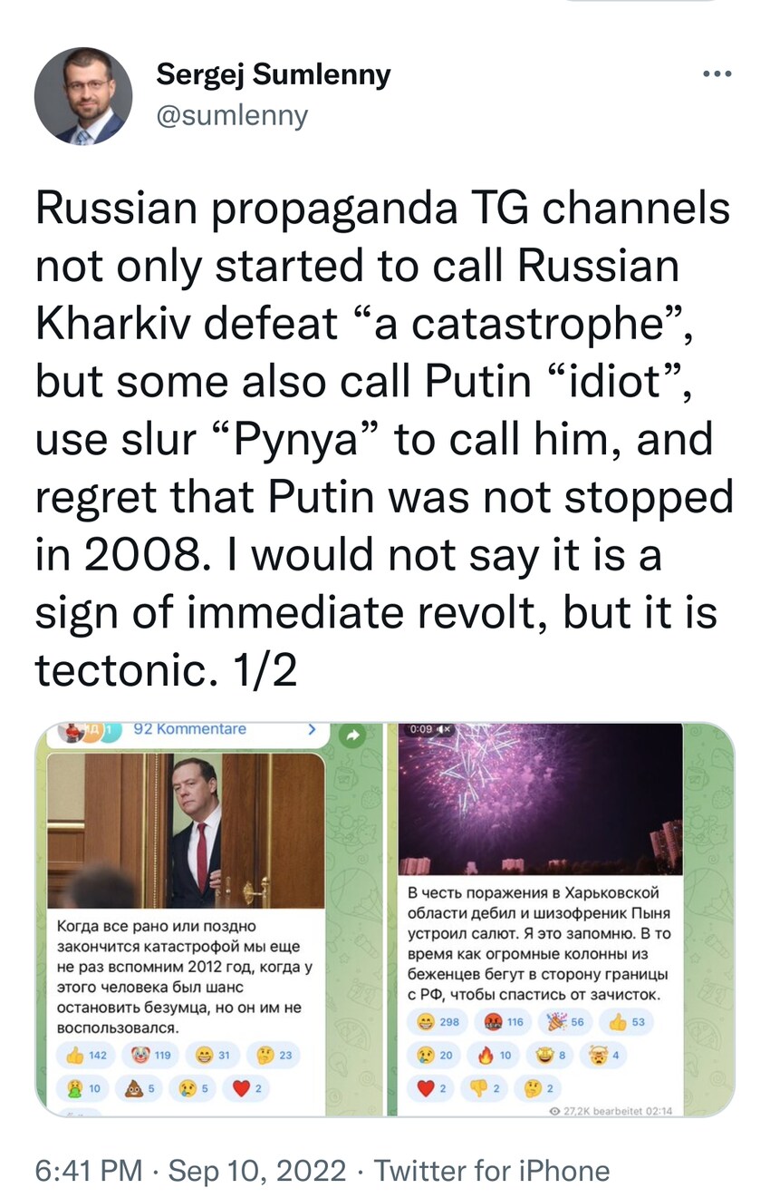 Russian propaganda channels not only started to call Russian Kharkiv defeat 'a catastrophe' but some also call Putin 'idiot' and regret that Putin was not stopped in 2008. I would not say it is a sign of immediate revolt, but it is tectonic