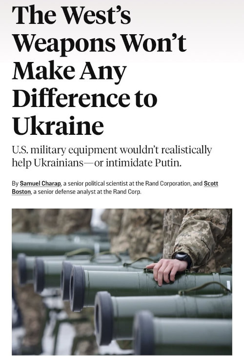 old article where 2 RAND people claim that the West's weapons won't make any difference to Ukraine
