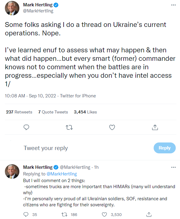 Mark Hertling is saying there's too much stuff happening to comment on, trucks are more important than HIMARS, and he's personally very proud of all Ukrainian soldiers and citizens who are fighting for their sovreignty