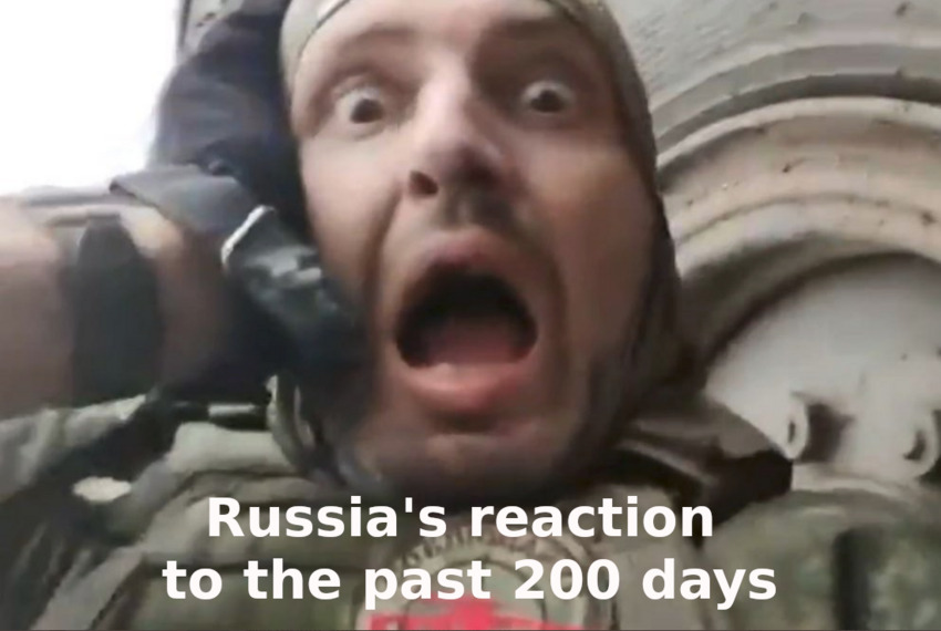 hapless Russian soldier, captioned 'Russia's reaction to the past 200 days'