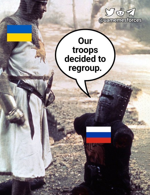 The Black Knight from Monty Python and the Holy Grail (Russia) has had his arms and legs cut off by Arthur (Ukraine). Black Knight says 'Our troops decided to regroup'