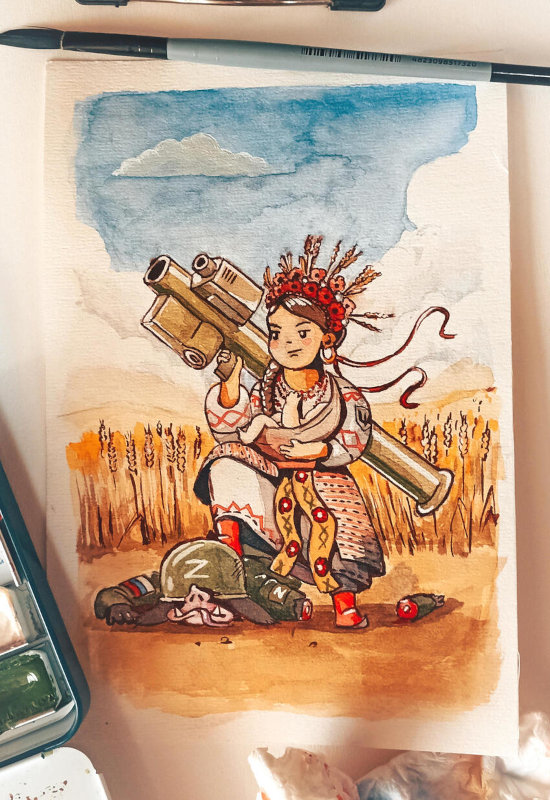 watercolor and marker of a Ukrainian woman with a missile launcher, her foot is on the neck of a Russian orc.