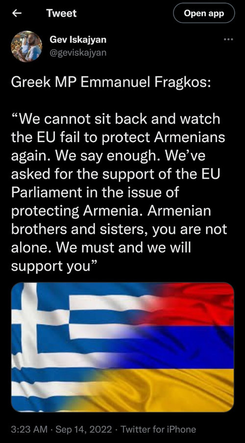 Greek MP Emmanuel Fragkos asks for the support of the EU parliament in the issue of protecting Armenia