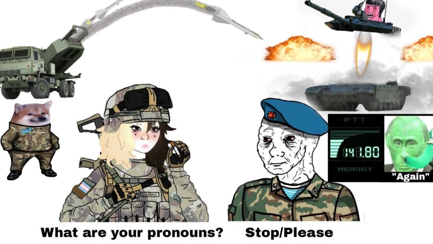 HIMARS firing at Russian tank, fella, soldier saying, 'What are your pronouns?' Hapless Russian soldier answers, 'Stop/Please'