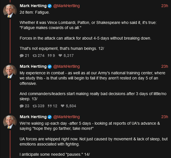 Mark Hertling says that fatigue makes cowards of us all, and that forces in the attack can attack for 4-5 days without breaking down. Units will begin to fail if they aren't rested on day 5 of an offensive, and commanders start making bad decisions after 3 days of little to no sleep.