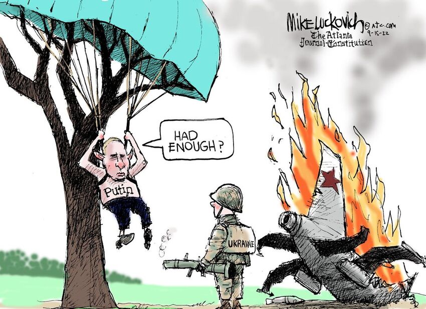 Putin, in parachute hanging from tree, says, 'Had enough?' Ukraine holds missile launcher next to Putin's burning crashed jet.