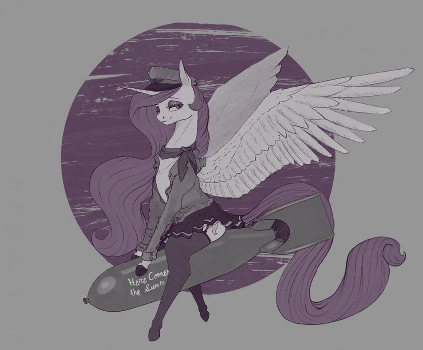 pinup art of a pony sitting on a bomb
