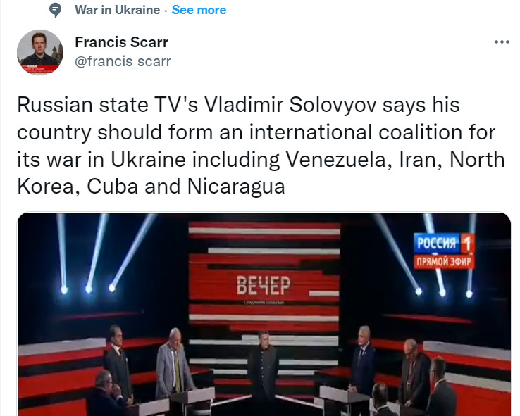 Vladimir Solovyov says his country should form an international coalition for its war in Ukraine including Venezuela, Iran, North Korea, Cuba, and Nicaragua