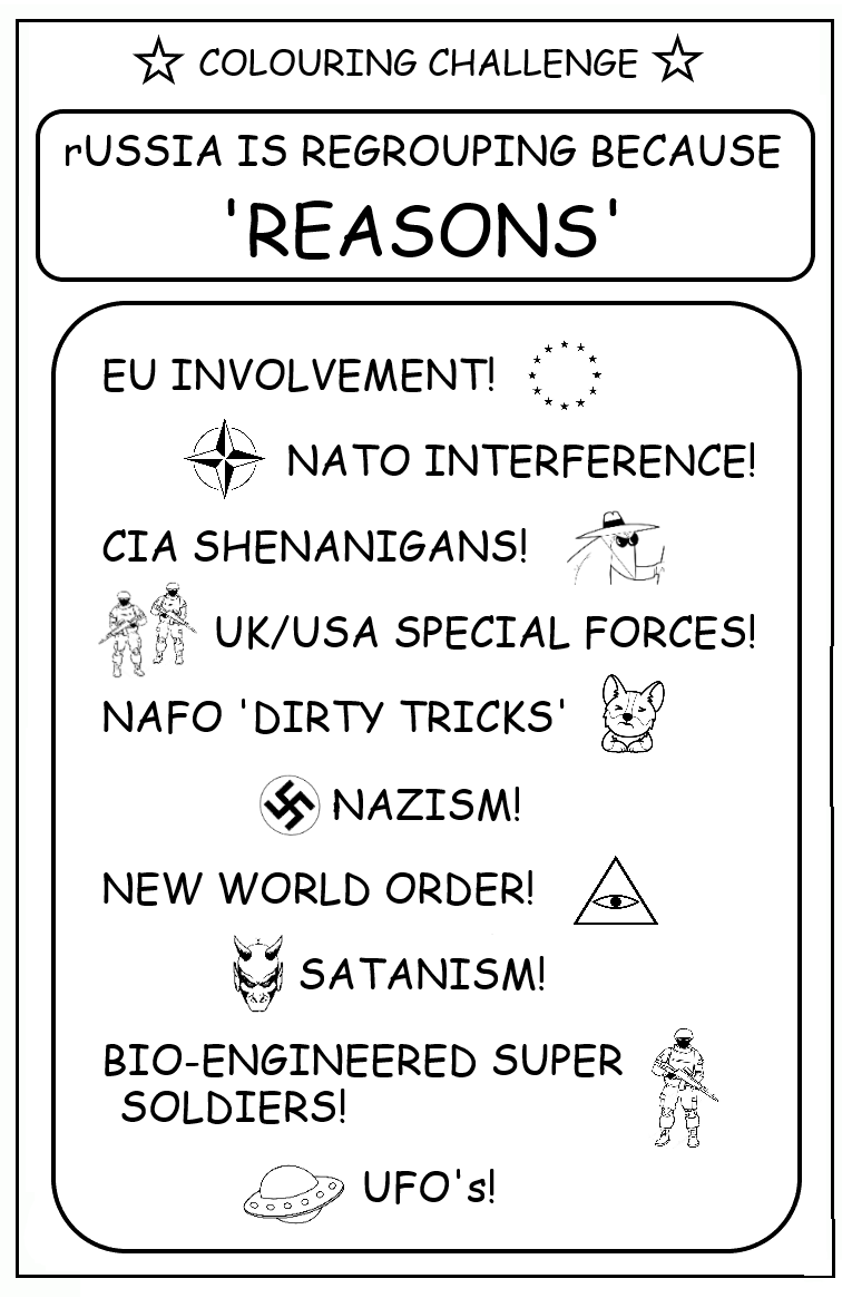 coloring book page about why Russia is regrouping (shenanigans, NAFO, bio-engineered super soldiers)