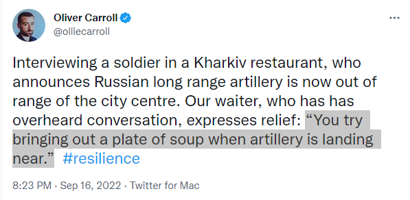 Our waiter, who has overheard conversation, expresses relief: You try bringing out a plate of soup when artillery is landing near.