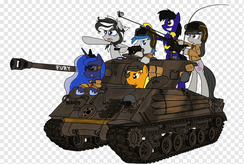 a bunch of ponies riding on a tank