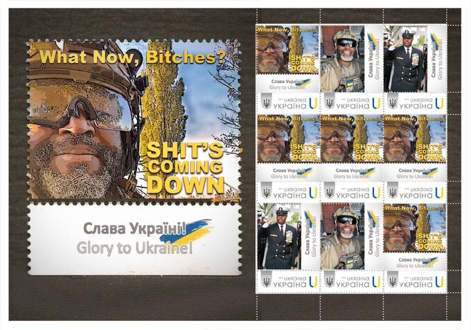 Ukraine stamps saying 'What now, bitches? Shit's coming down'