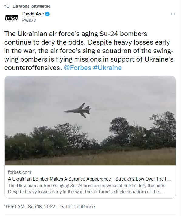 The Ukrainian air force's aging Su-24 bombers continue to defy the odds. Despite heavy losses early in the war, the air force's single squadron of the swing-wing bombers is flying missions in support of Ukraine's counteroffensives.