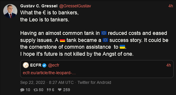 What the euro is to bankers, the Leo is to tankers. Having an almost common tank in EU reduced costs and eased supply issues. A German tank became an EU success story. It could be the cornerstone of common assistance to Ukraine. I hope its future isnot killed by the angst of one.