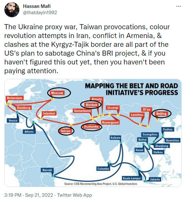 bizarre conspiracy theory about Ukraine war, Iran disturbances, Armenia, and Taiwan all being part of the US's plan to sabotage China's BRI project