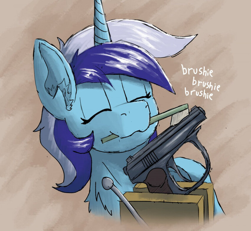 a pony cleaning a pistol with a toothbrush