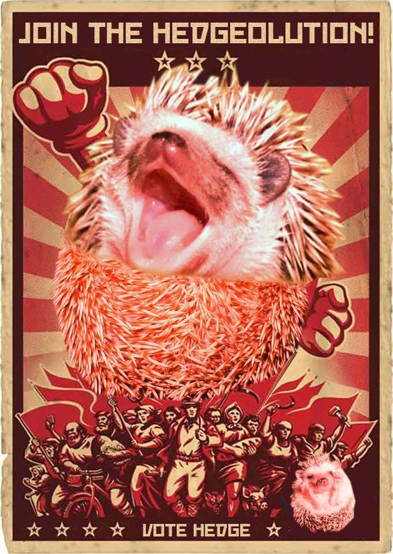 hedgehog in socialist-realist style shouting 'Join the Hedgeolution, Vote Hedge'