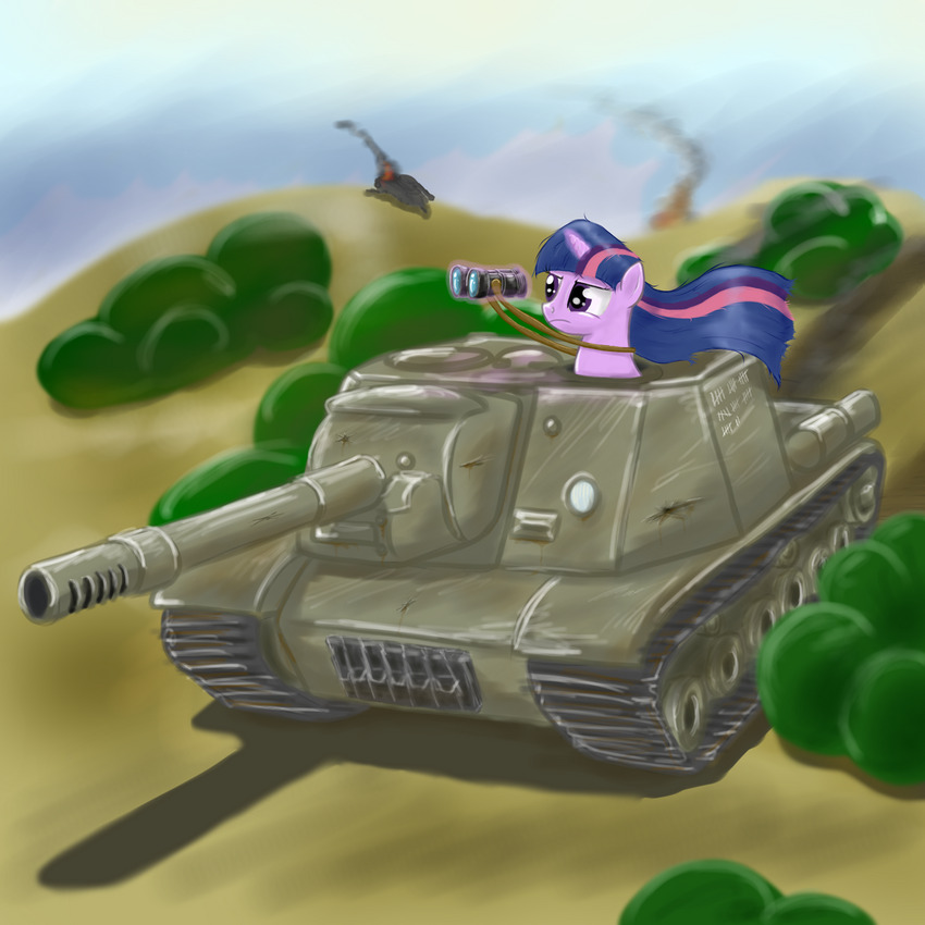 pony with binoculars riding in a tank