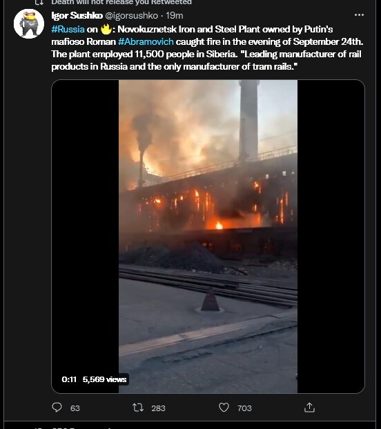 Novokuznetsk Iron and Steel Plant owned by Putin's mafioso Roman Abramovitch caught fire in the evening of Sep. 24th.