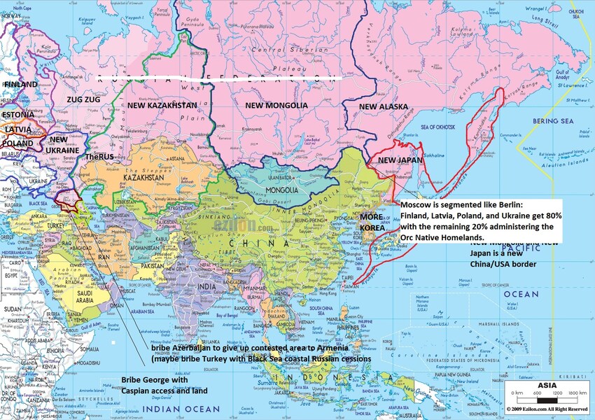 a new map showing most of Russia's territory being given to Alaska, Japan, Mongolia, Kazakhstan, and other countries