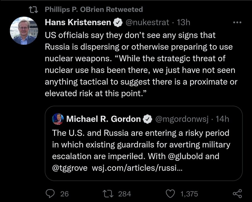 Hans Kristensen says US officials say they don't see any signs that Russia is dispersing or otherwise preparing to use nuclear weapons. While the strategic threat of nuclear use has been there, we just have not seen anything tactical to suggest there is a proximately elevated risk at this point.