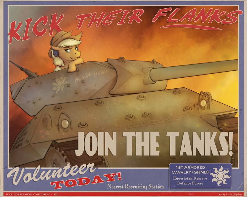 propaganda poster with pony in a tank, captioned 'Kick their flanks, Join the Tanks'