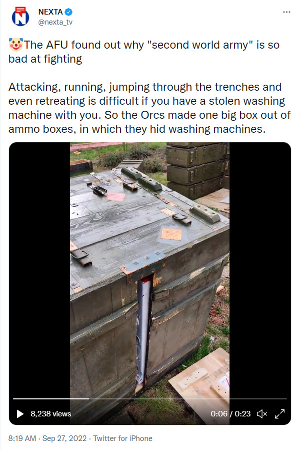 Russian army hid looted washing machines inside ammo boxes?