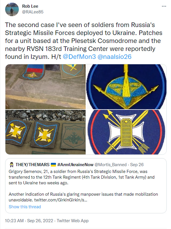 soldiers from Russia's Strategic Missile Forces were deployed to Ukraine. This indicates Russia has problems with not enough people anywhere.