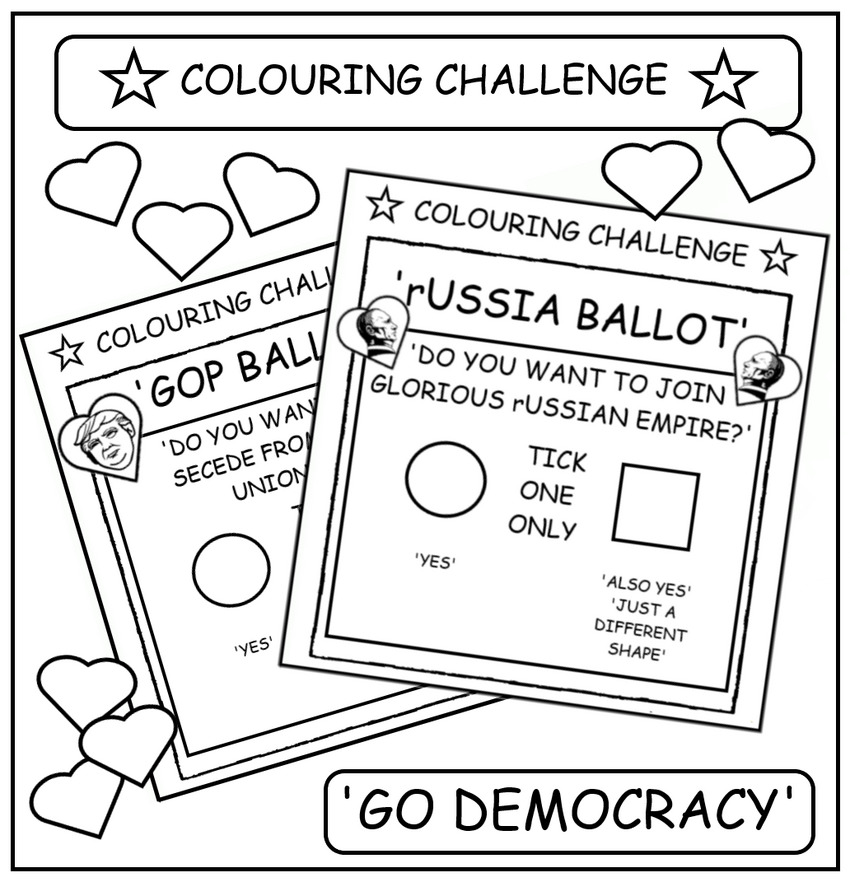 coloring book page about the fake referendums going on in Luhansk and Donetsk