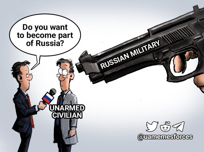 Russia asks Unarmed Civilian 'Do you want to become part of Russia?' while Russian Military aims a pistol at the civilian's head