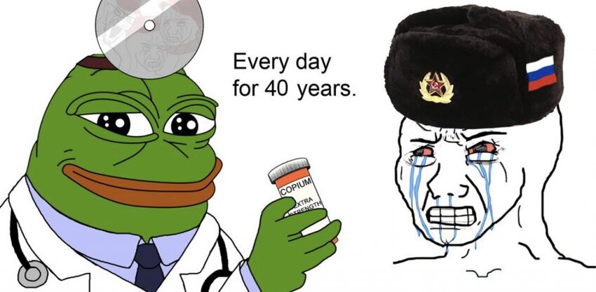 Pepe offering Russia a bottle of pills labeled 'Copium extra strength', captioned 'Every day for 40 years'