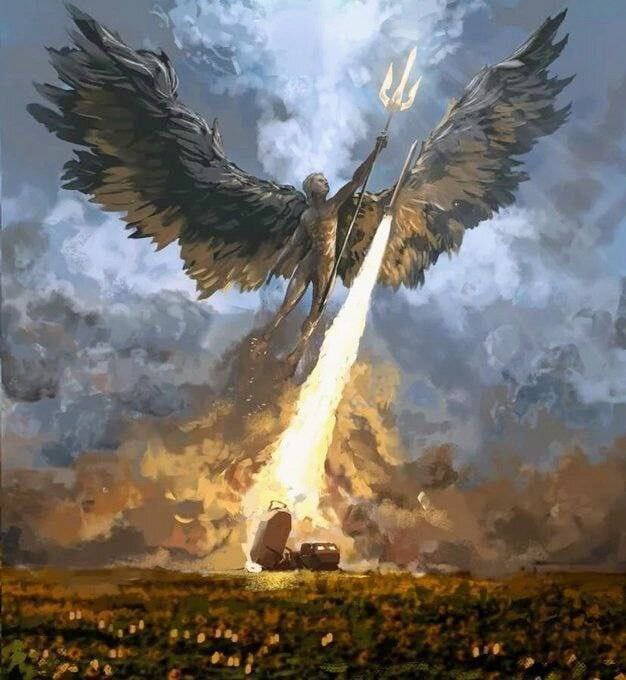 art piece showing a HIMARS launching a rocket with an angel holding a trident behind it
