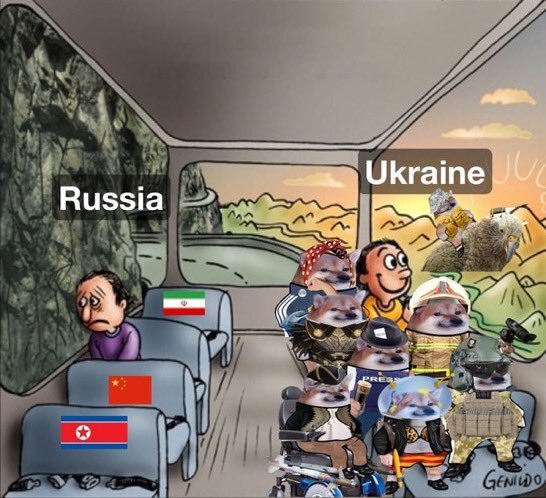 Russia with bare bones North Korea and China looking sad, Ukraine with a bunch of fellas looking happy